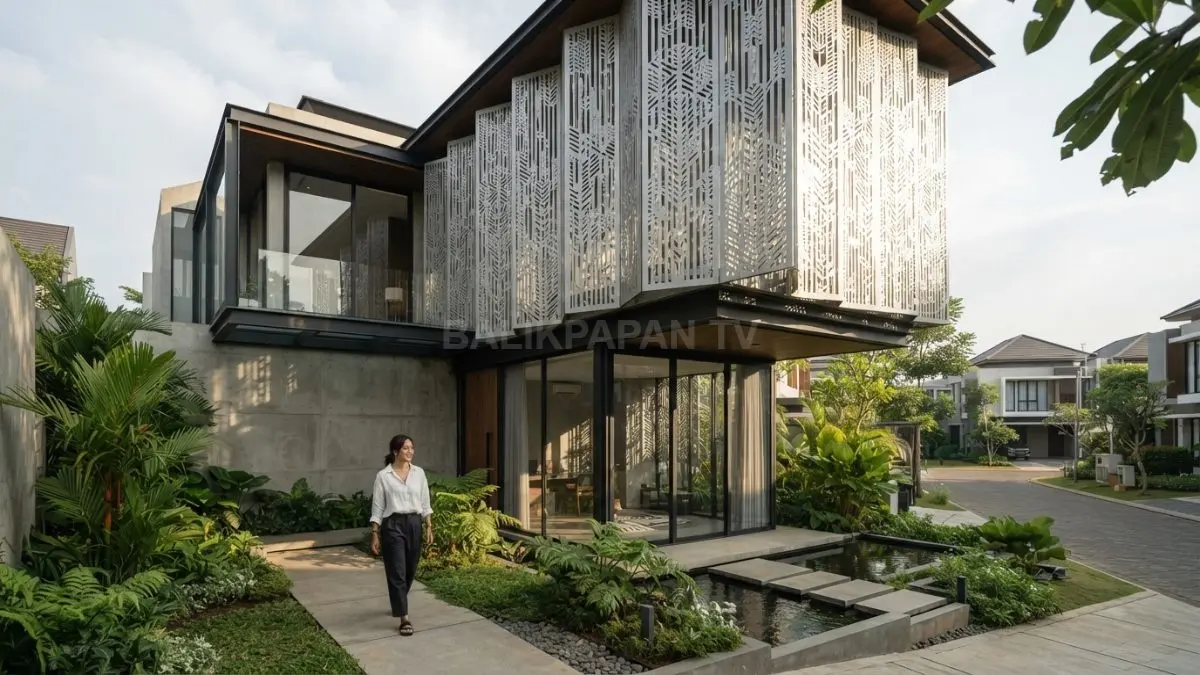Desain panel aluminium geometris menciptakan fasad modern dengan permainan cahaya alami yang menarik. (BTV/AI)