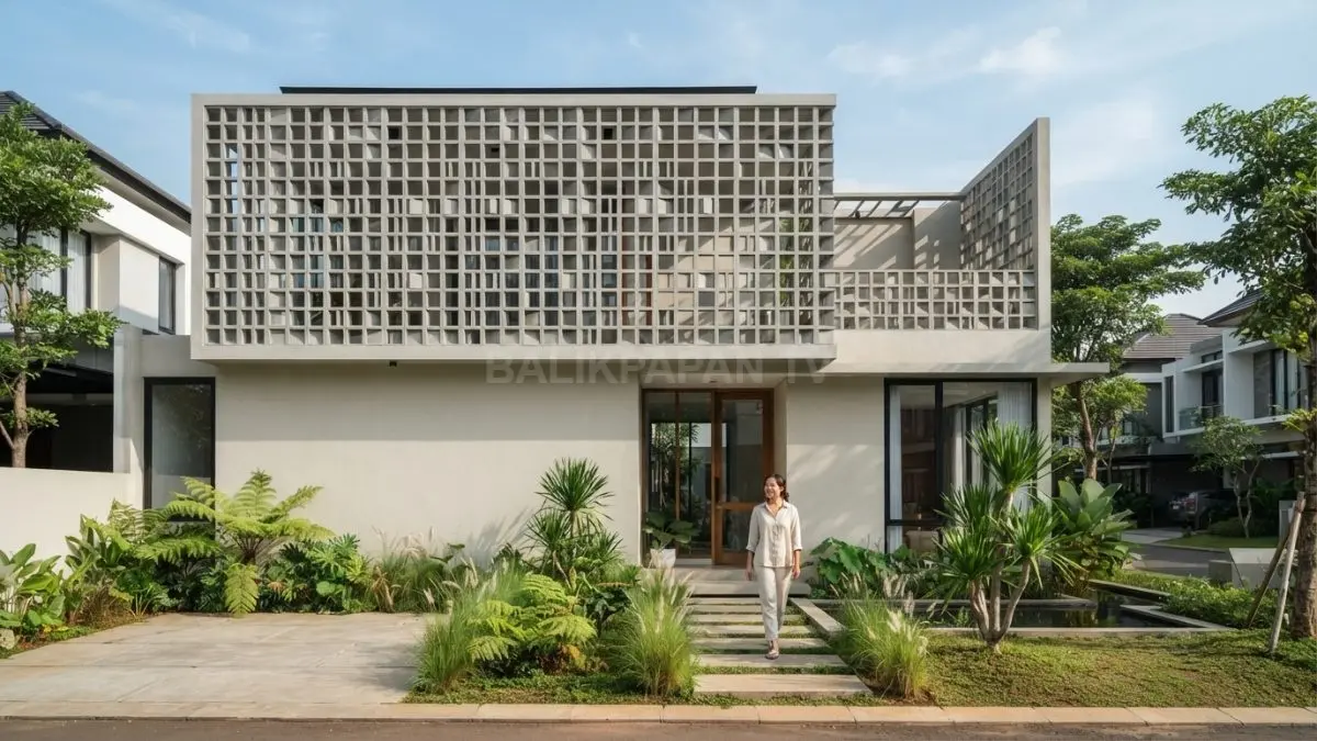 Desain roster beton menciptakan privasi sekaligus ventilasi silang pada hunian minimalis modern Veil House kontemporer (BTV/AI)