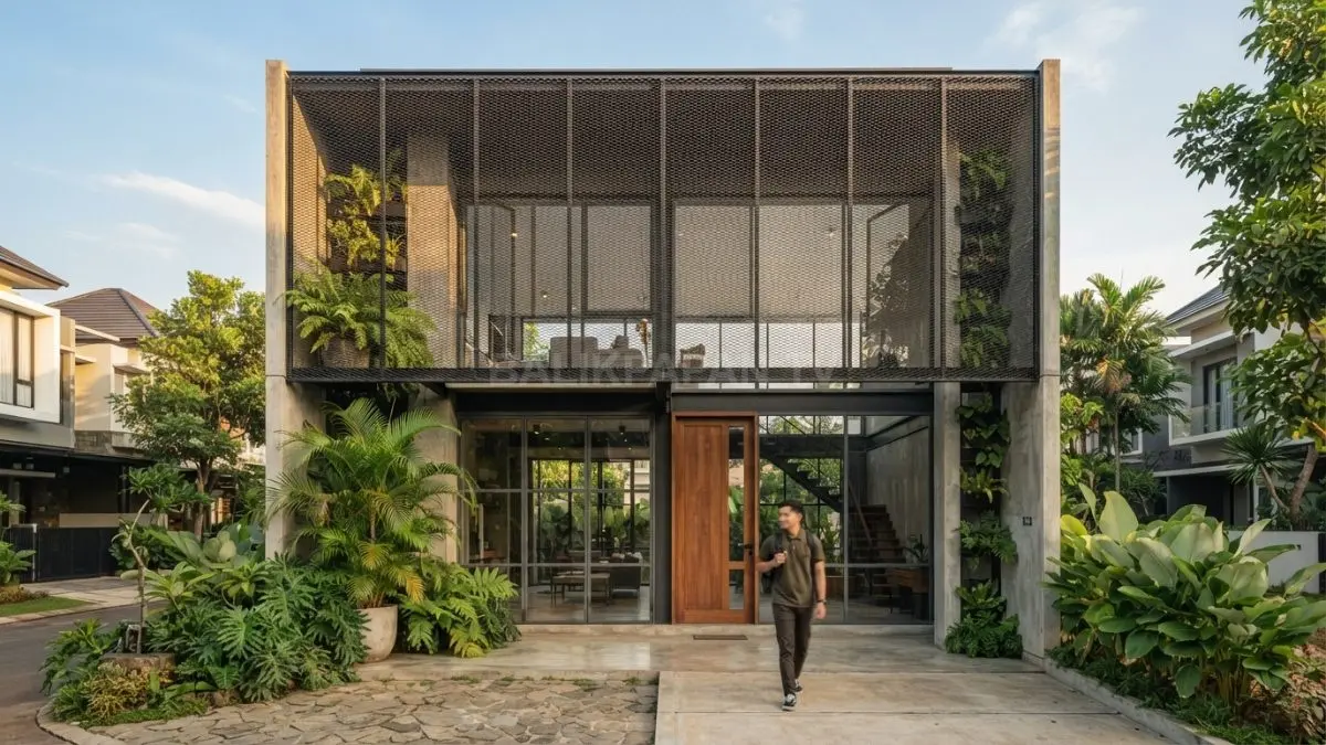 Desain Veil House industrial memadukan material logam berlubang dengan konsep privat modern yang estetis. (BTV/AI)