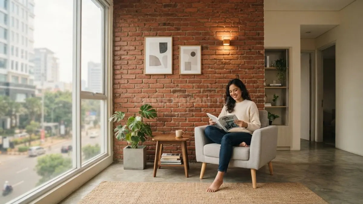 Dinding bata ekspos dipadukan warna netral menciptakan suasana hangat modern elegan pada hunian minimalis estetik (BTV/AI).