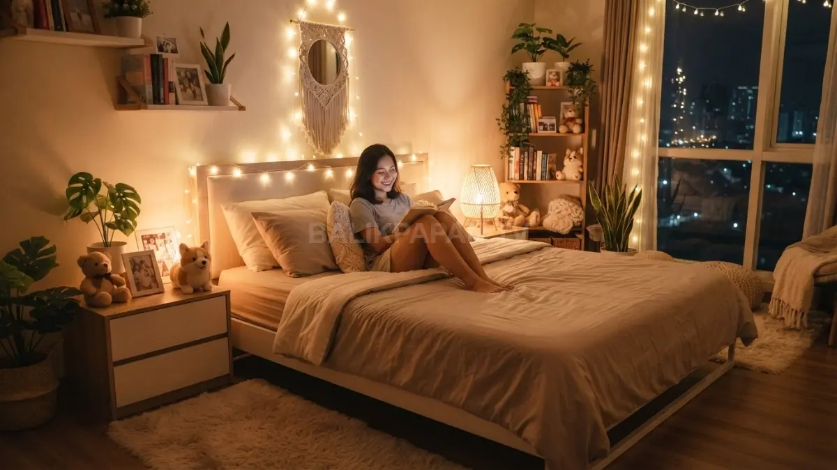 Fairy lights menghadirkan suasana hangat, nyaman, dan estetik untuk mempercantik kamar setiap malam secara elegan. (BTV/AI)