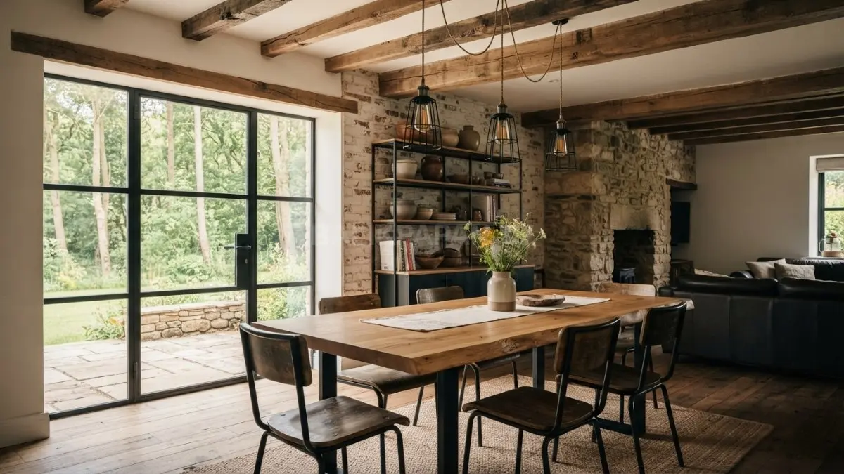 Farmhouse industrial rustic memadukan kayu, batu, dan logam untuk hunian hangat berkarakter kuat. (BTV/AI)