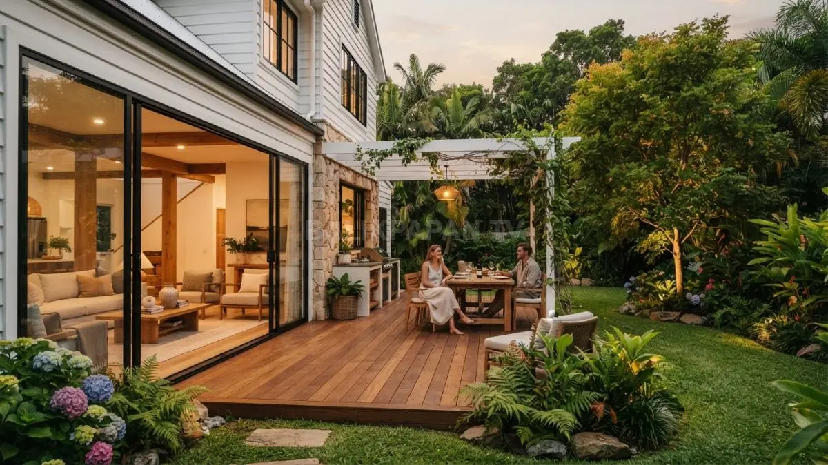Farmhouse tropis modern menghadirkan halaman belakang terbuka dengan taman hijau, dek kayu, dan area keluarga nyaman. (BTV/AI)