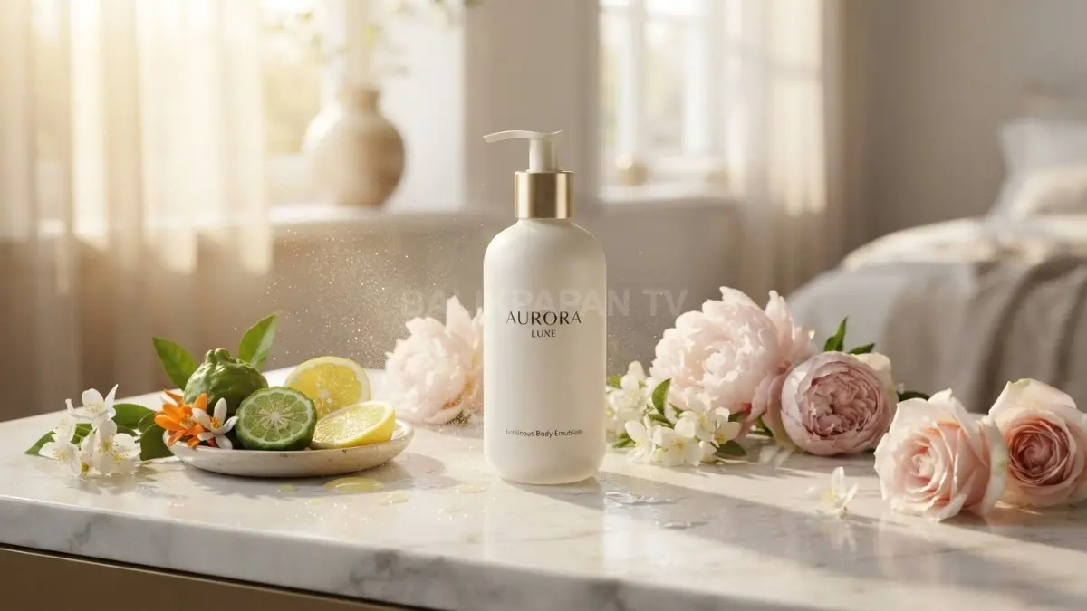 Fotografi botol body lotion mewah dengan kemasan minimalis, dikelilingi bunga dan buah jeruk segar. (BTV/Ai)