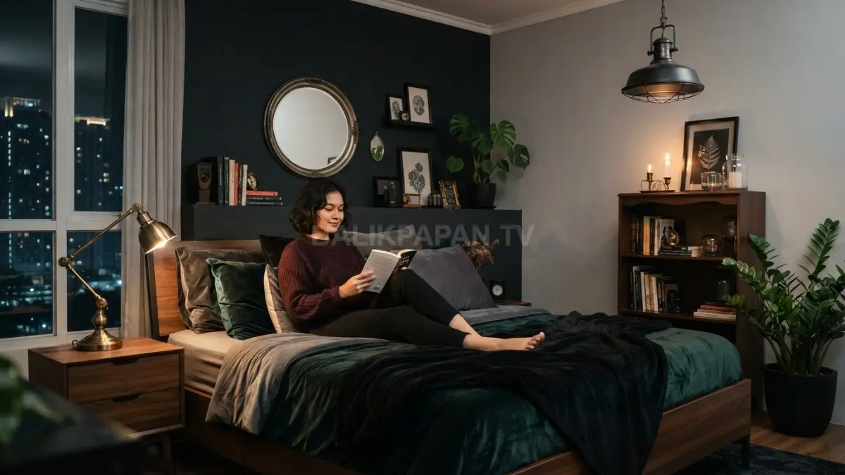 Furnitur hitam klasik berpadu pencahayaan hangat menciptakan kamar dark gothic berkelas nyaman penuh karakter elegan. (BTV/AI)