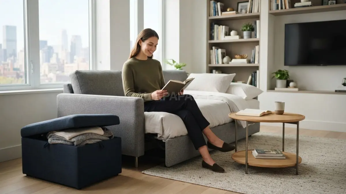 Furnitur multifungsi seperti sofa bed dan ottoman penyimpanan membantu menghemat ruang sekaligus menjaga rumah tetap rapi. (BTV/AI)