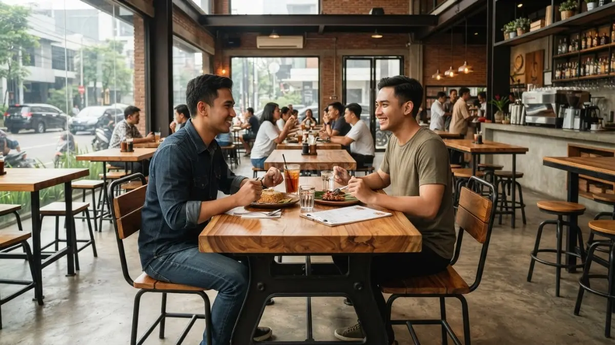 Furniture kayu dan besi kokoh menciptakan restoran industrial hangat modern tahan lama memikat pelanggan (BTV/AI)