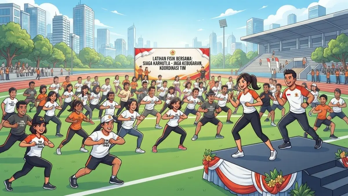 Ilustrasi peserta latihan fisik bersama mengikuti senam guna memperkuat kebugaran dan koordinasi menghadapi ancaman karhutla. (BTV/AI)