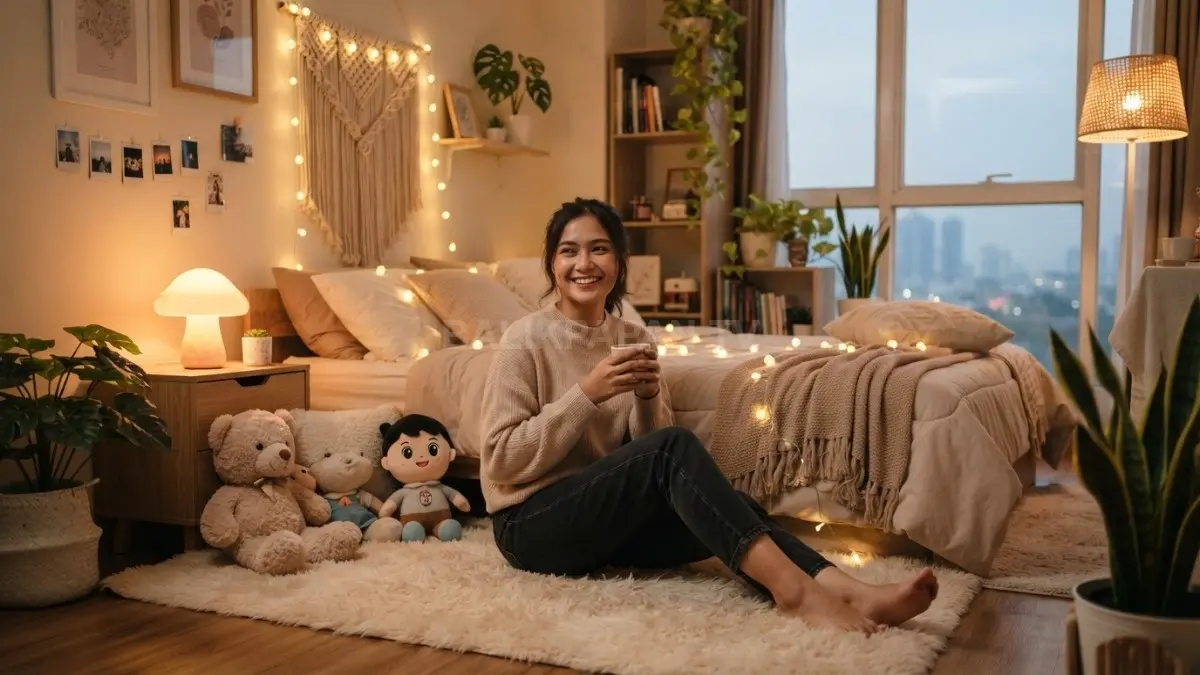 Inspirasi dekorasi sederhana menghadirkan kamar estetik melalui perpaduan tekstur lembut cahaya hangat dan tanaman segar. (BTV/AI)