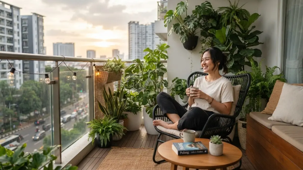Inspirasi desain balkon rumah kecil nyaman fungsional estetik memaksimalkan ruang bersantai keluarga setiap hari (BTV/AI)