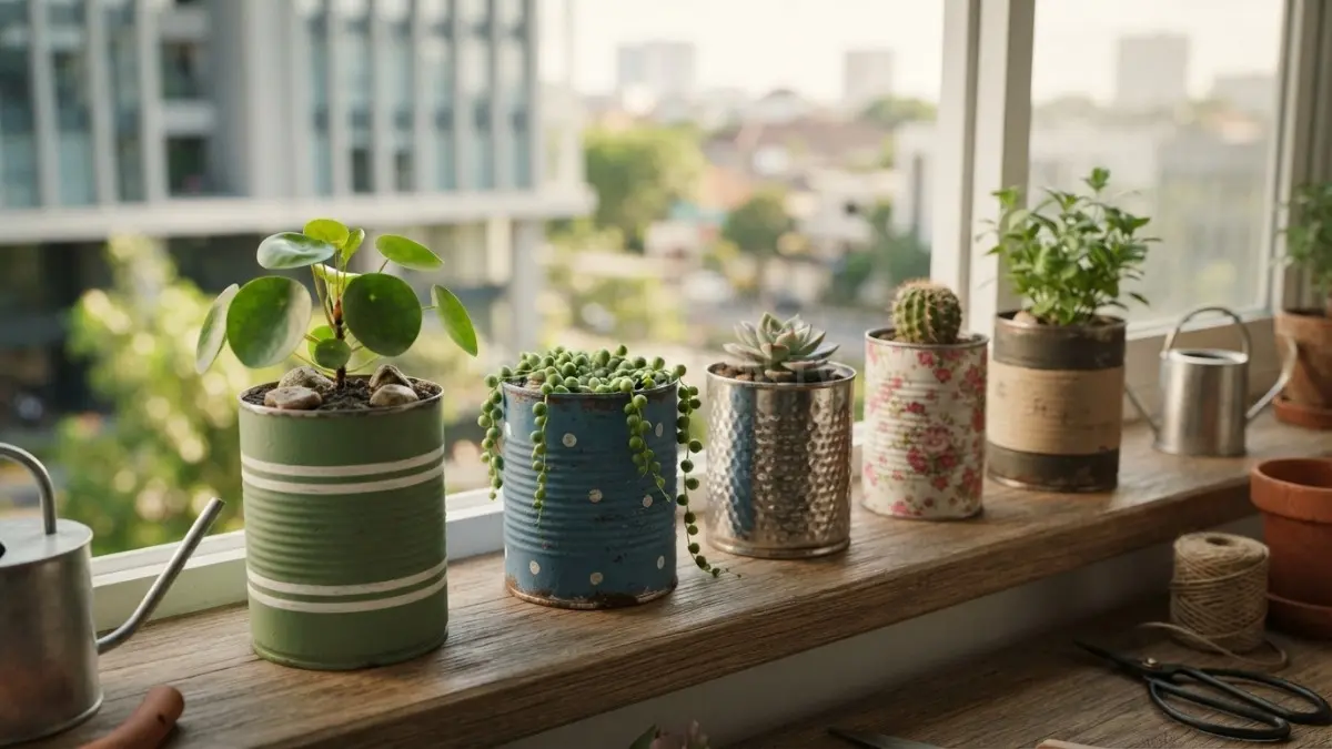 Kaleng bekas disulap menjadi pot tanaman hias untuk mempercantik dapur, balkon, meja kerja, atau rak terbuka. (BTV/AI)