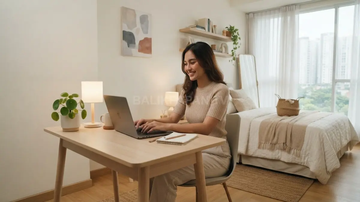 Kamar aesthetic minimalis menghadirkan suasana nyaman melalui warna netral, pencahayaan hangat, dan dekorasi sederhana elegan. (BTV/AI)