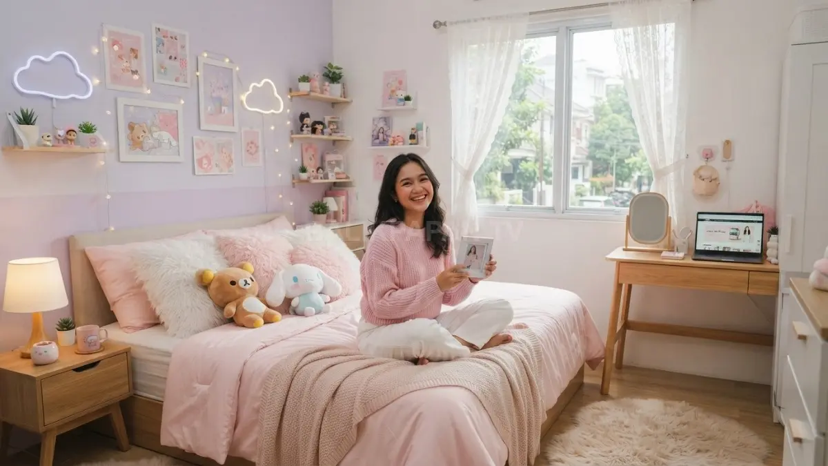 Kamar bergaya cute menghadirkan nuansa pastel lembut dengan dekorasi manis yang nyaman dipandang setiap hari. (BTV/AI)