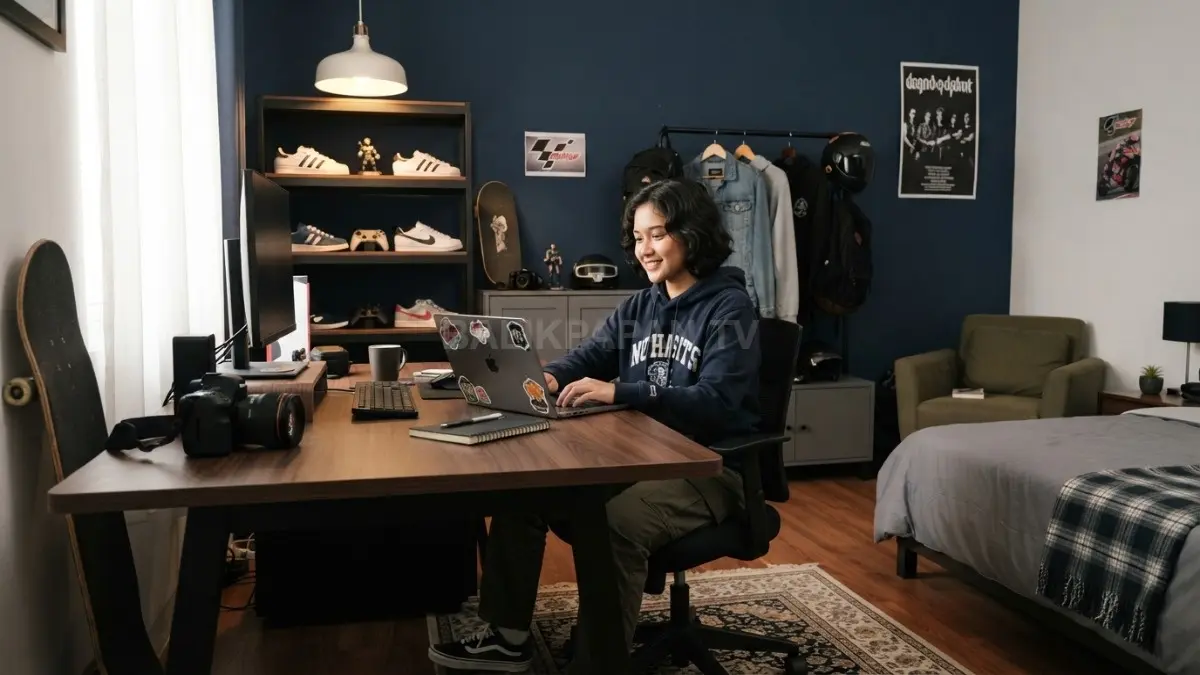 Kamar bergaya tomboy mengutamakan fungsi, kenyamanan, penyimpanan rapi, serta dekorasi sederhana berkarakter kuat modern. (BTV/AI)