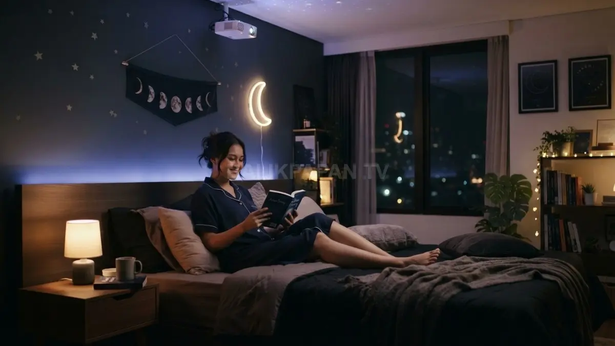 Kamar bertema malam menghadirkan ketenangan melalui pencahayaan lembut, warna gelap, dan dekorasi langit berbintang indah. (BTV/AI)