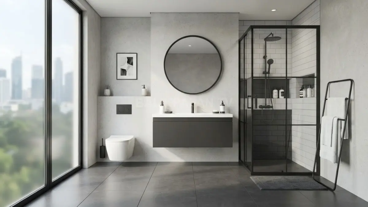 Kamar mandi monokrom modern tampil elegan, bersih, timeless dengan perpaduan putih, abu-abu, hitam harmonis (BTV/AI).