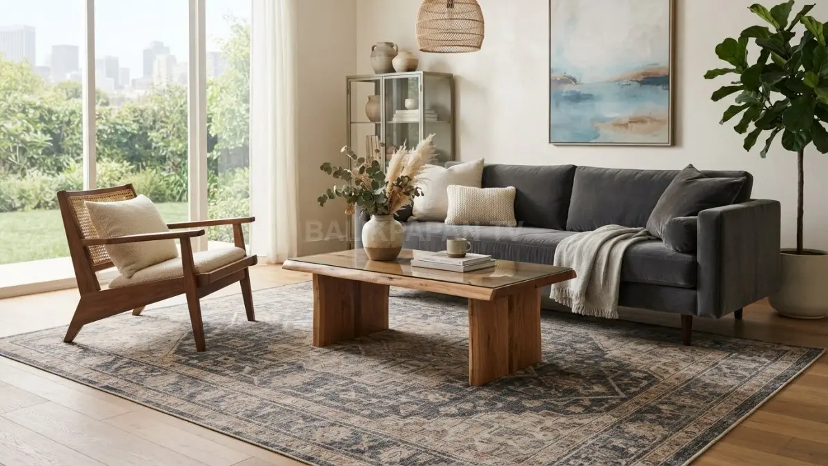 Karpet menyatukan sofa, meja, dan kursi, menciptakan ruang tamu harmonis dengan tekstur material alami. (BTV/AI)