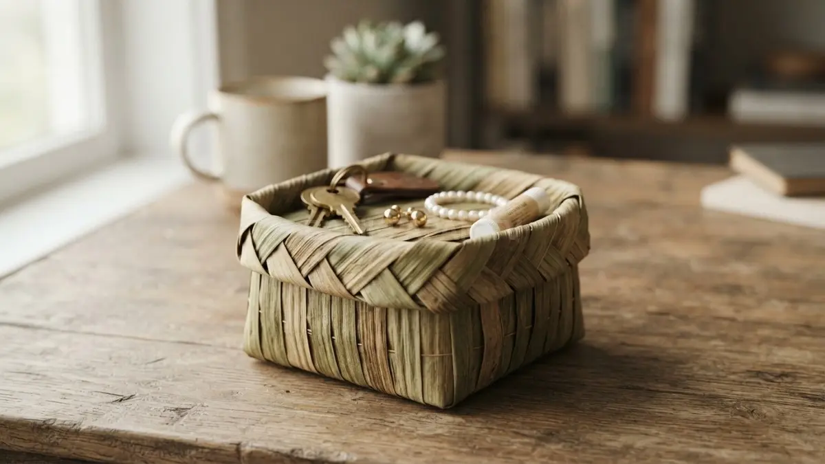 Keranjang mini daun pisang anyaman alami untuk penyimpanan benda kecil dekorasi rumah. (BTV/AI)