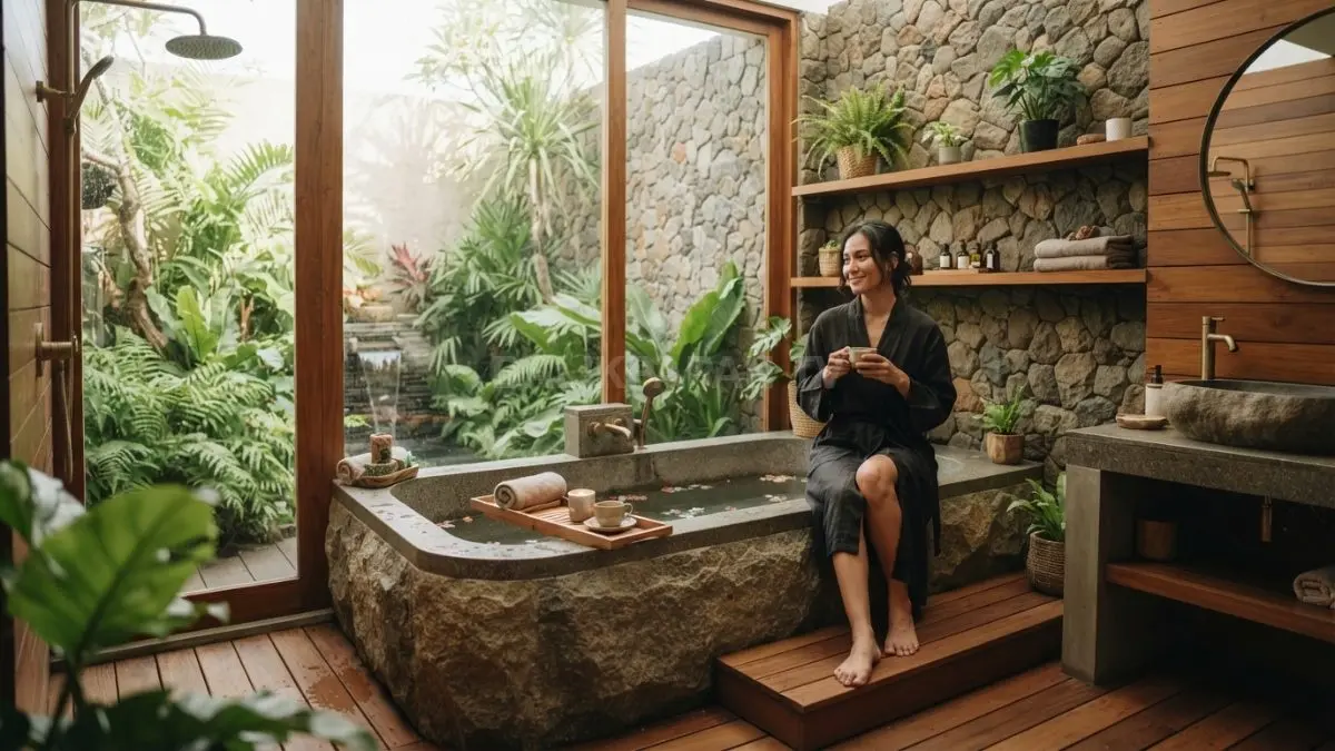 Konsep natural dengan material alami menciptakan suasana hangat nyaman bak spa di rumah sehari-hari (BTV/AI).