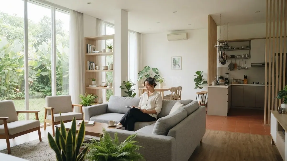 Konsep open space introvert house menghadirkan ruang luas dengan sekat visual lembut dan nyaman. (BTV/AI)