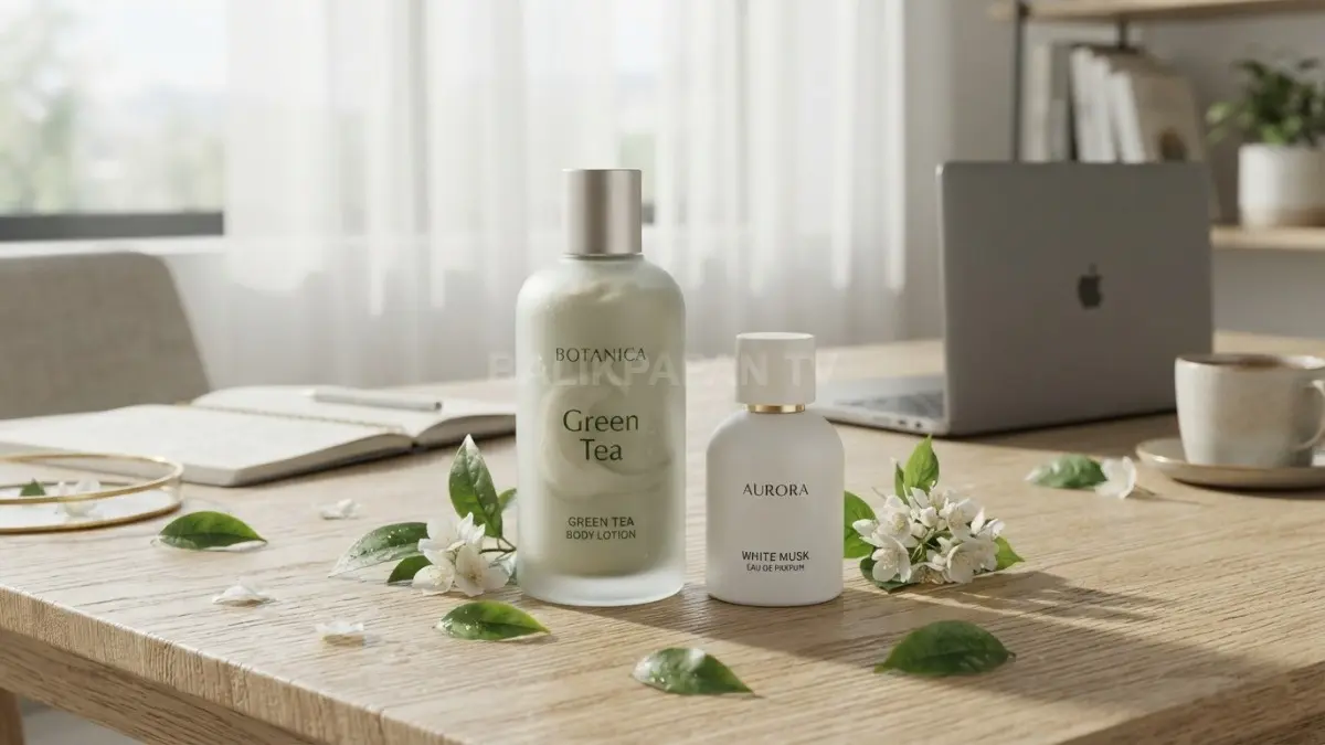 Konsep perpaduan body lotion hijau teh dan parfum musk menghadirkan sensasi kesegaran yang menenangkan. (BTV/Ai)