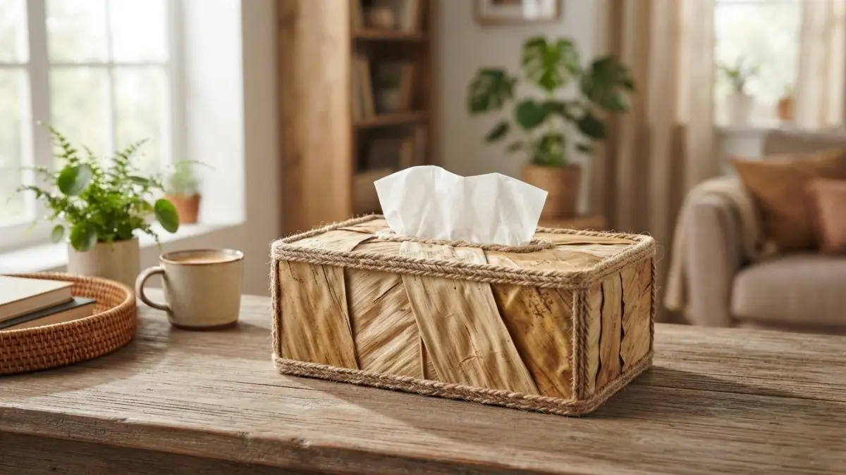 Kotak tisu berlapis daun pisang kering menghadirkan dekorasi alami dengan sentuhan rustic untuk ruang modern. (BTV/AI)