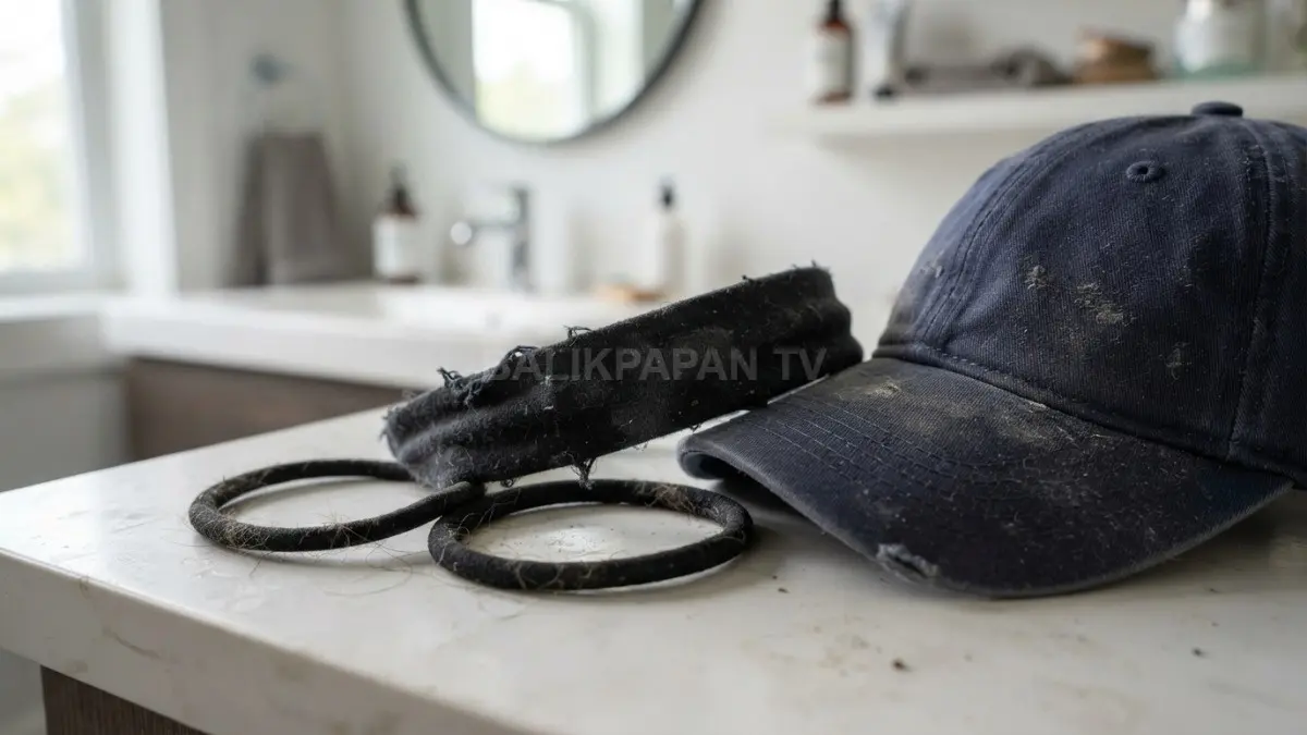 Kumpulan aksesori rambut yang sering digunakan, seperti ikat rambut dan bandana, menunjukkan penumpukan kotoran akibat pemakaian harian. (BTV/Ai)