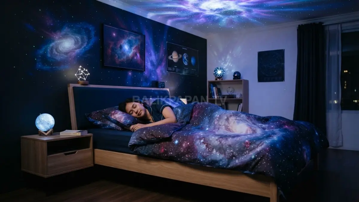 Lampu proyektor galaksi menghadirkan suasana kamar tenang bak tidur di tengah alam semesta setiap malam. (BTV/AI)
