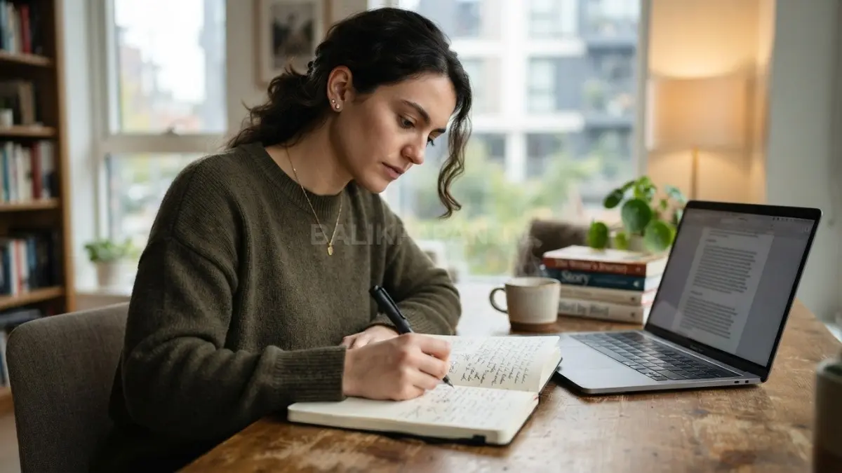 Menulis jurnal dan catatan ide menjadi hobi sederhana yang menyenangkan menggunakan perlengkapan yang tersedia di rumah. (BTV/AI)