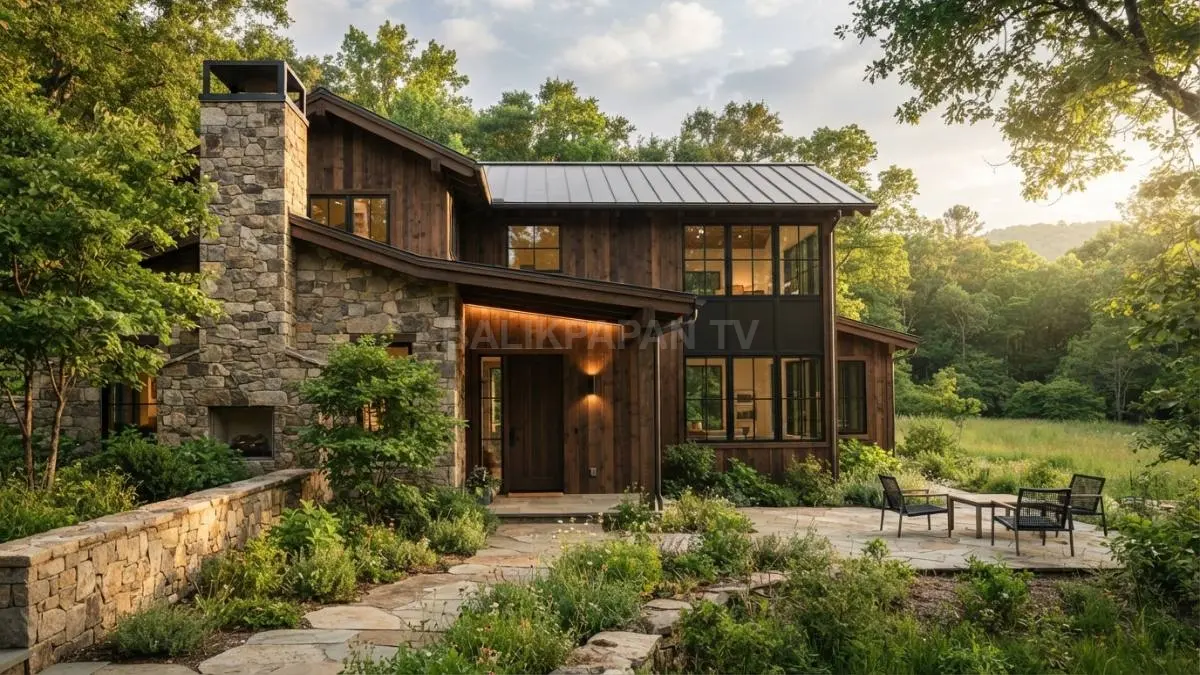 Perpaduan kayu dan batu alam menghadirkan karakter farmhouse modern yang hangat serta menyatu alam. (BTV/AI)