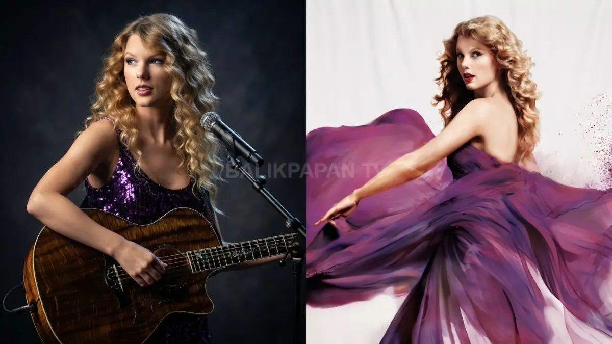 Pesona Taylor Swift tampil memukau dengan alunan gitar serta gaun ungu yang sangat anggun. (BTV/Ai)