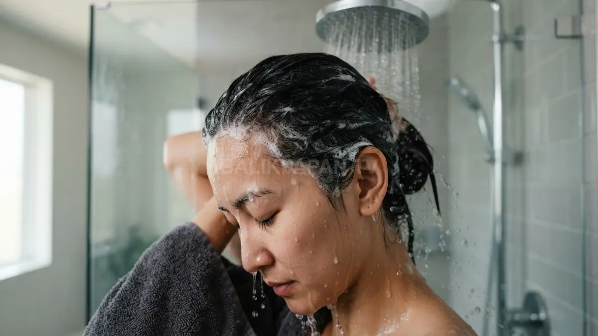 Proses membilas rambut yang terlalu cepat sering kali menyisakan sisa sampo berisiko iritasi kulit. (BTV/Ai)