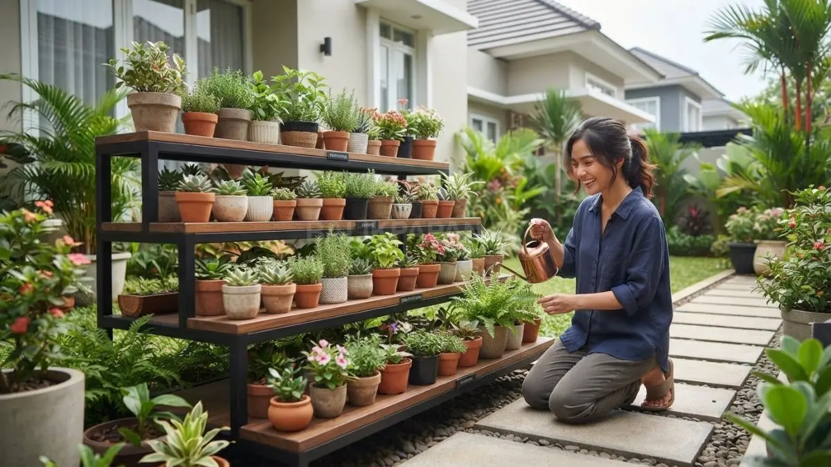 Rak bertingkat membuat puluhan pot tersusun rapi hemat ruang sekaligus memudahkan penyiraman harian efektif (BTV/AI)
