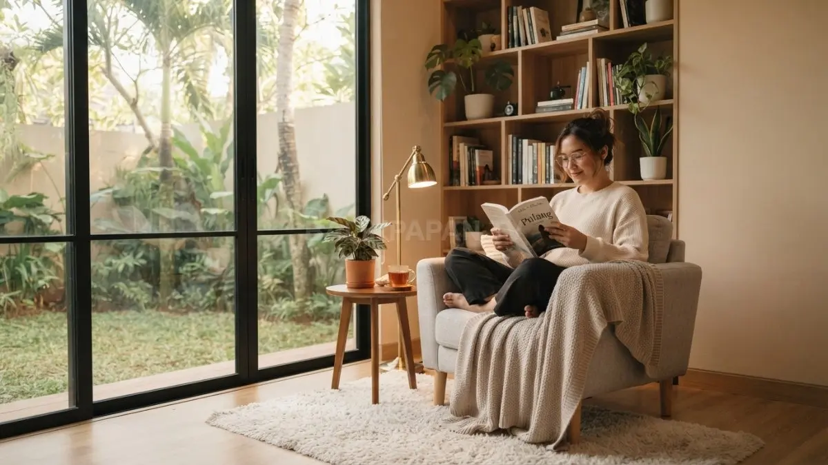 Reading corner hangat menghadirkan ruang pribadi nyaman dengan buku, cahaya lembut, dan dekorasi menenangkan. (BTV/AI)