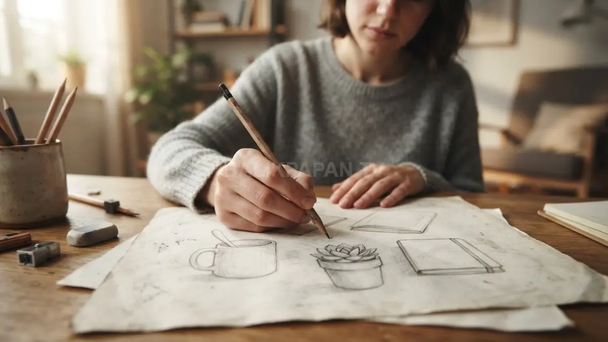 Remaja menggambar sketsa sederhana menggunakan pensil dan kertas bekas sebagai latihan hobi kreatif di rumah. (BTV/AI)
