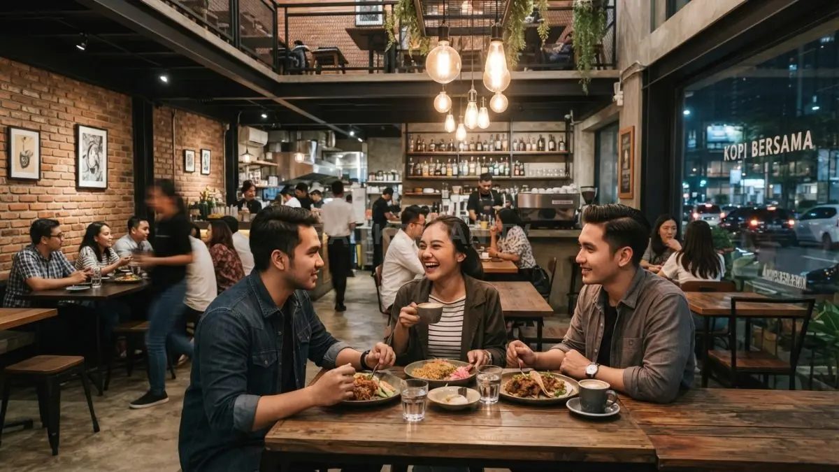 Restoran bergaya industrial modern dengan dinding bata ekspos, meja kayu, rangka besi hitam, elegan (BTV/AI)