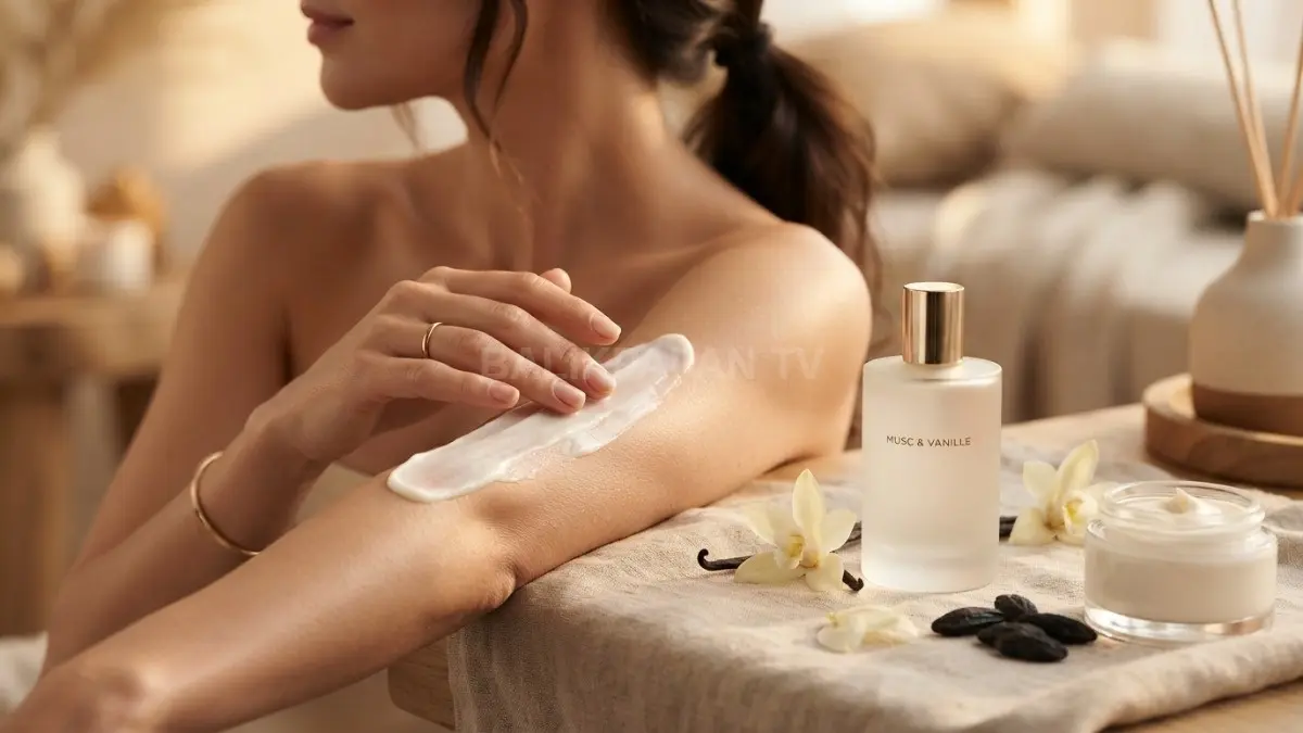 Ritual perawatan kulit dengan pelembab aroma vanila dan parfum menciptakan nuansa mewah nan menenangkan. (BTV/Ai)