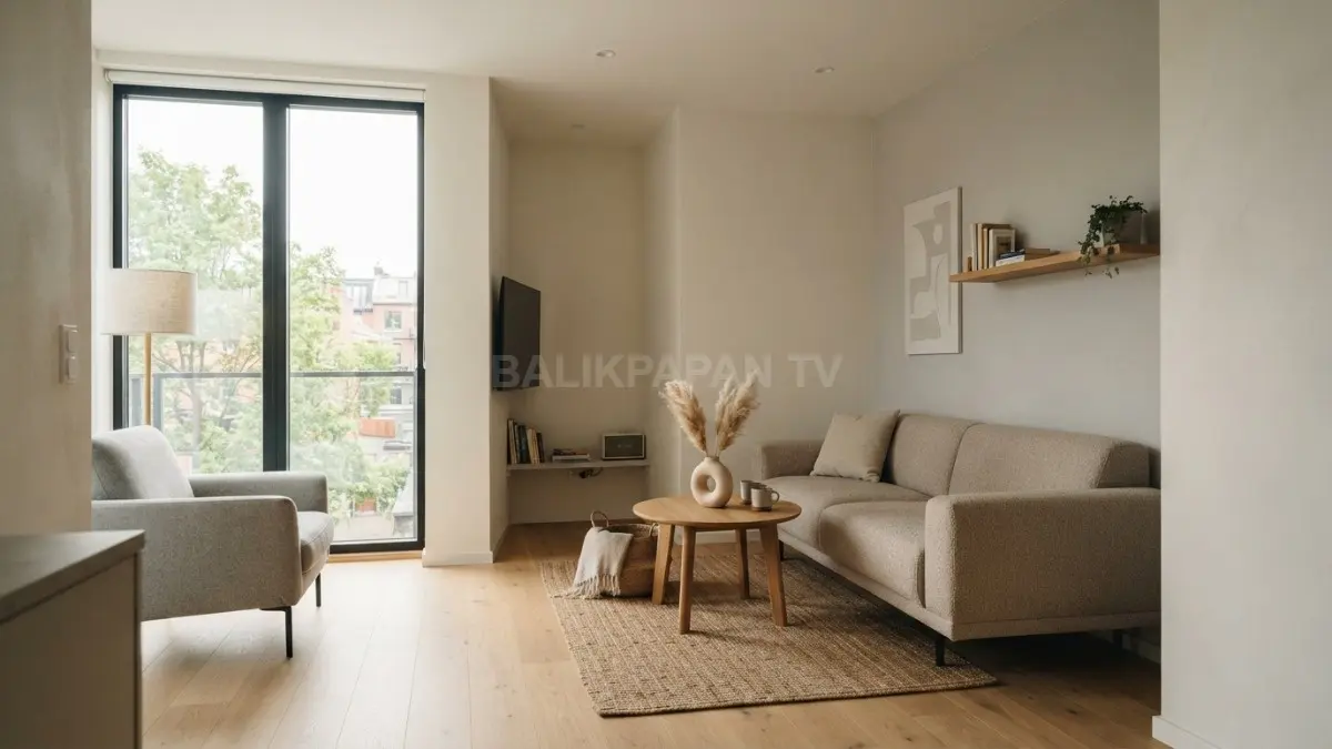 Ruang keluarga kecil dengan sofa kompak, meja rendah, dan sirkulasi terbuka membuat interior terasa lapang dan nyaman. (BTV/AI)