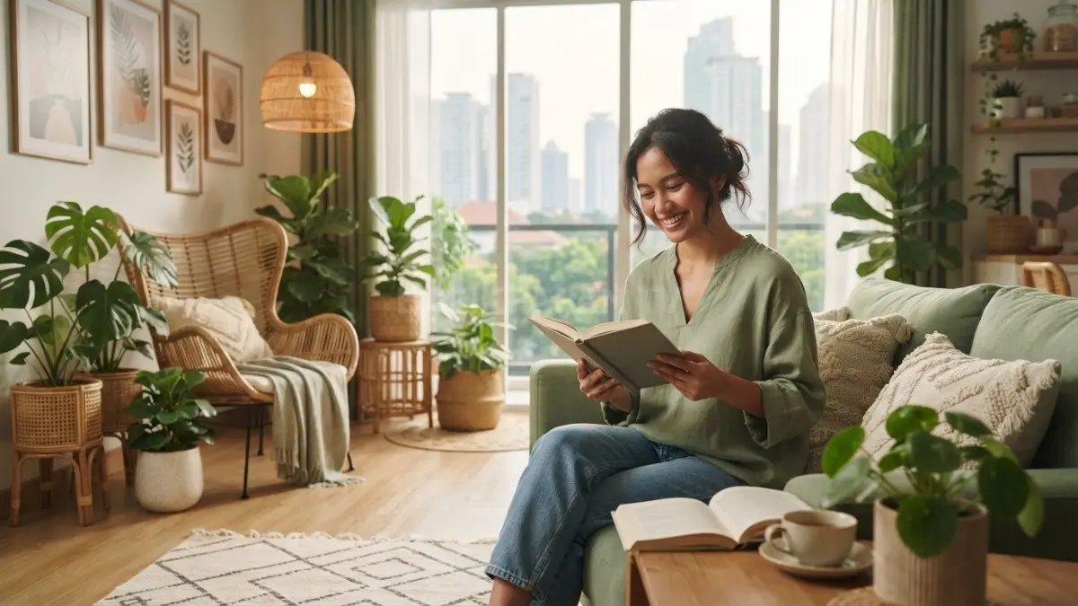 Sage Green menciptakan interior elegan, segar, nyaman, berpadu sempurna bersama tanaman hias dan cahaya hangat (BTV/AI)