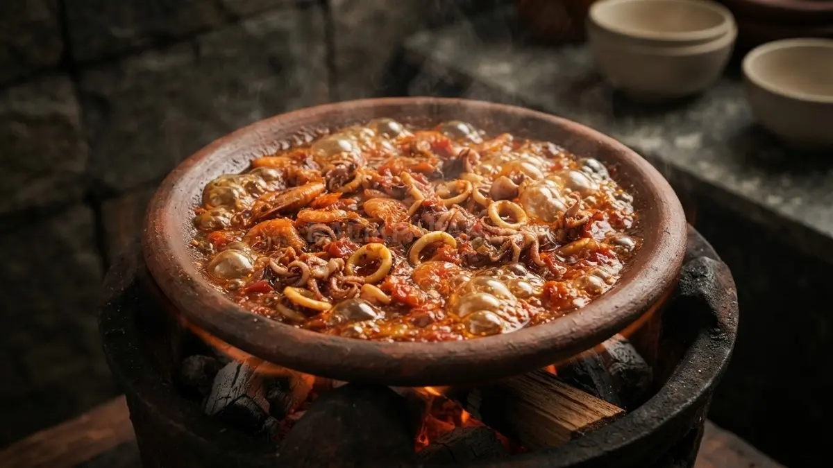 Sambal Gammi seafood yang masih mendidih di atas cobek tanah liat dengan bara api di bawahnya. (BTV/Ai)