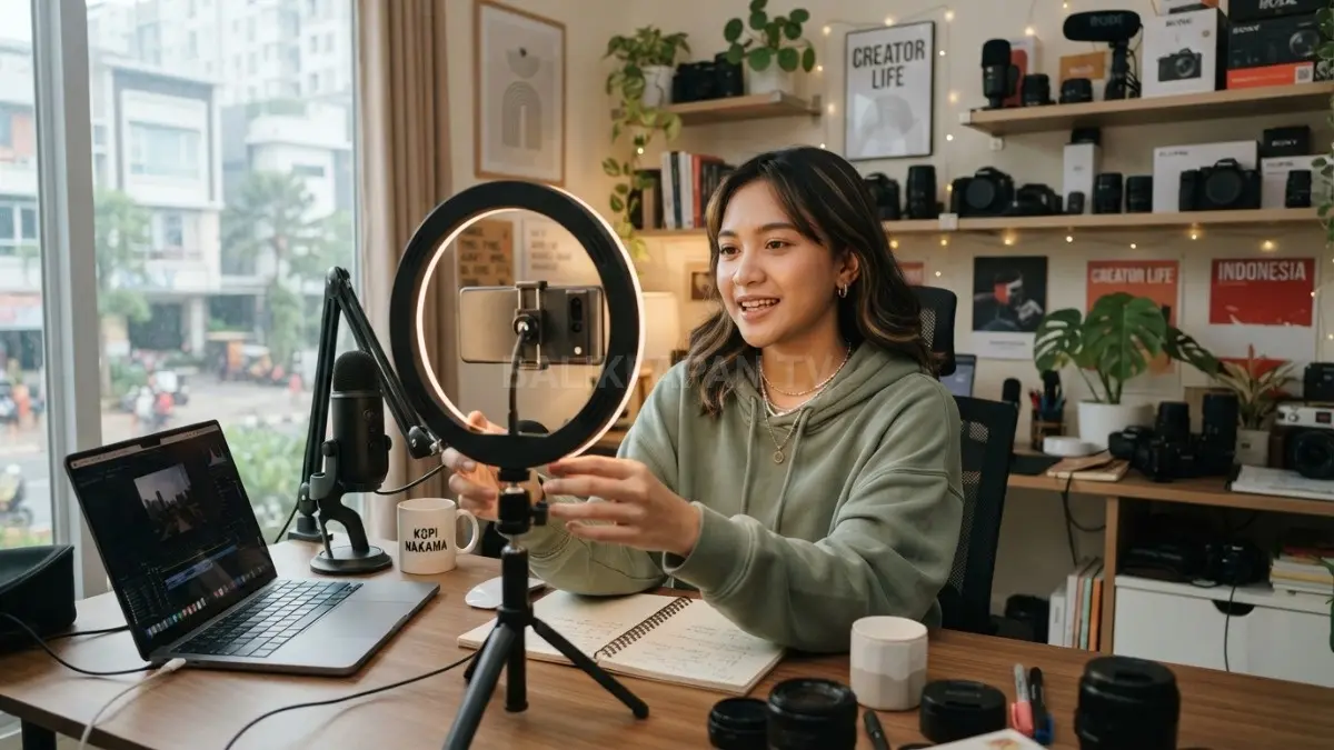 Seorang Gen Z membuat konten memakai smartphone dan ring light di ruang kerja kreatif (BTV/AI)