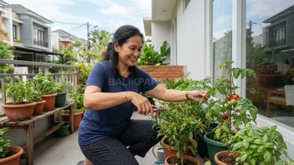 Seorang ibu merawat tanaman cabai dan tomat dalam pot di teras rumah minimalis nyaman (BTV/AI)