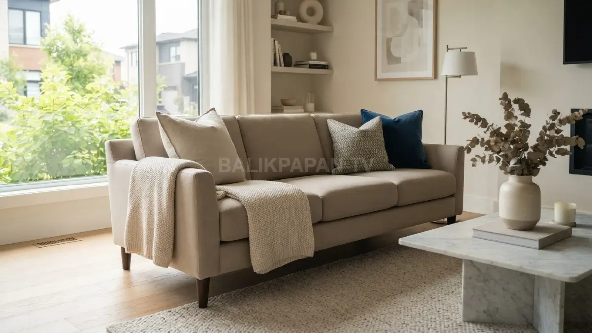 Sofa netral berproporsi tepat dipadukan bantal dekoratif dan selimut tekstur, menciptakan ruang tamu nyaman serta elegan. (BTV/AI)