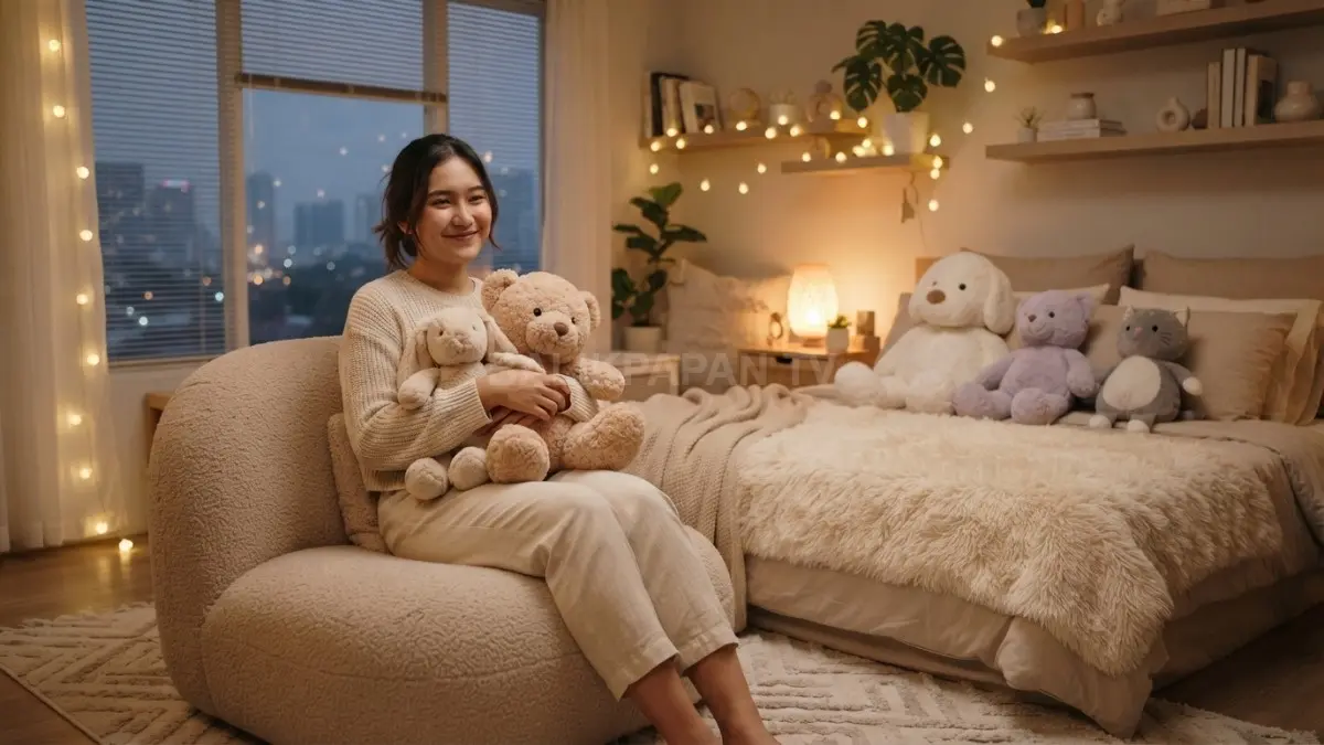 Soft toys berwarna senada menciptakan suasana kamar hangat, nyaman, estetik, sekaligus mempercantik tampilan ruangan. (BTV/AI)