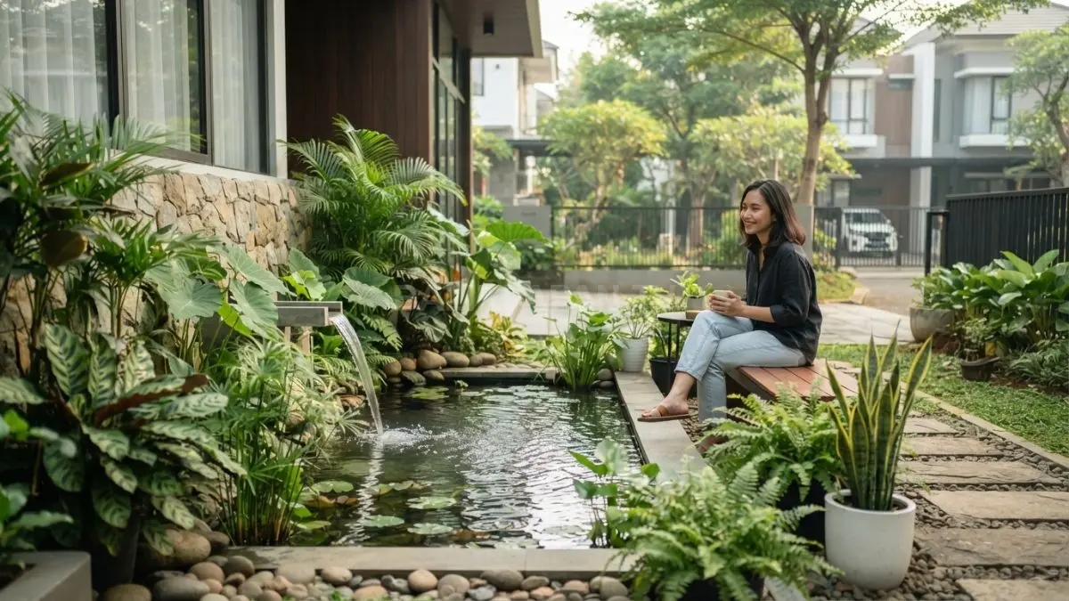 Taman dengan kolam mini menghadirkan suasana tenang, gemericik air membantu meredam kebisingan perkotaan alami (BTV/AI).