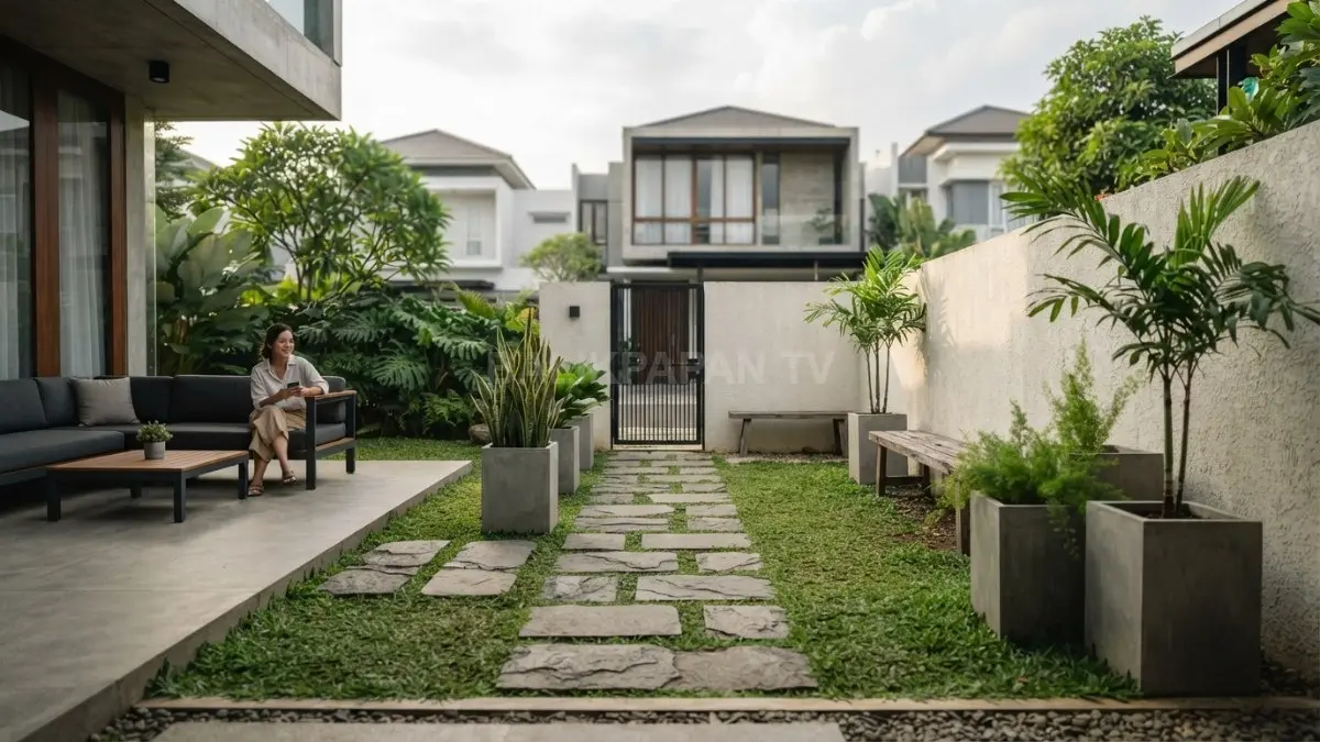 Taman minimalis modern ciptakan halaman elegan, nyaman dengan sentuhan alami yang tetap fungsional setiap (BTV/AI).
