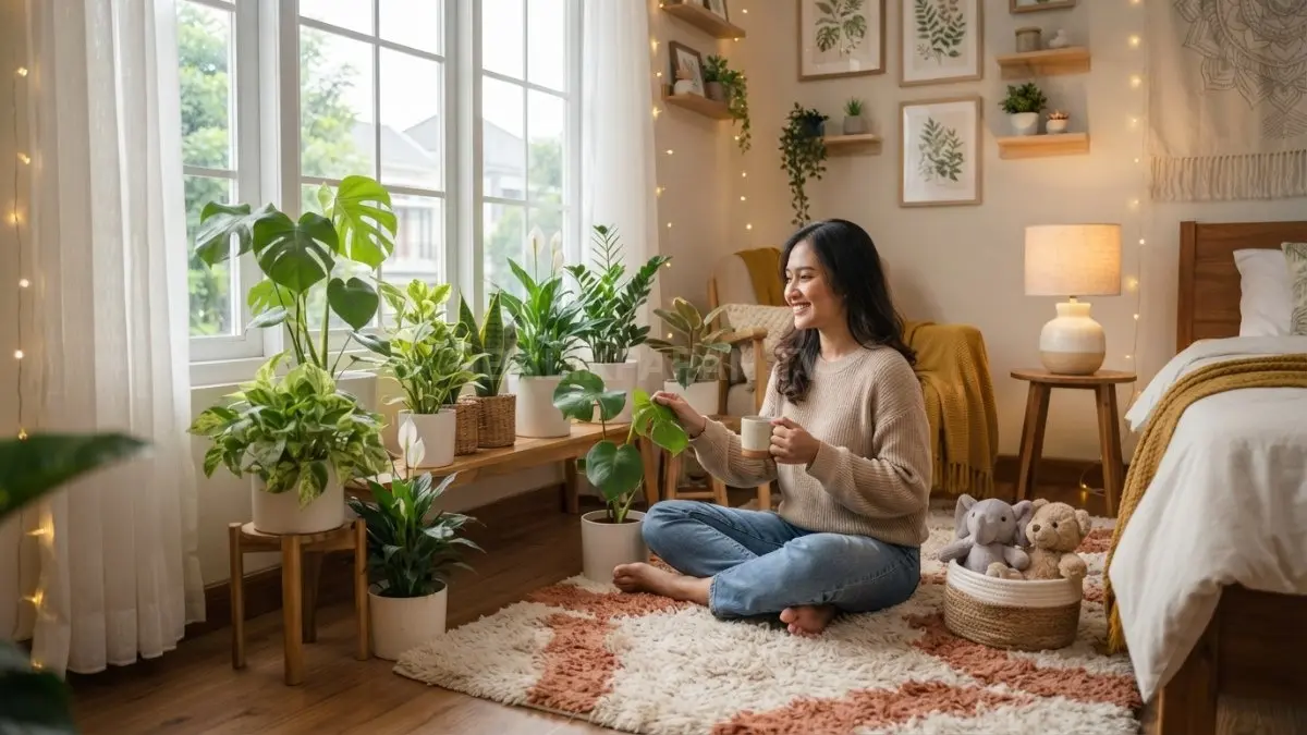 Tanaman indoor menghadirkan suasana segar sekaligus mempercantik kamar dengan pot netral estetik harmonis alami menenangkan. (BTV/AI)
