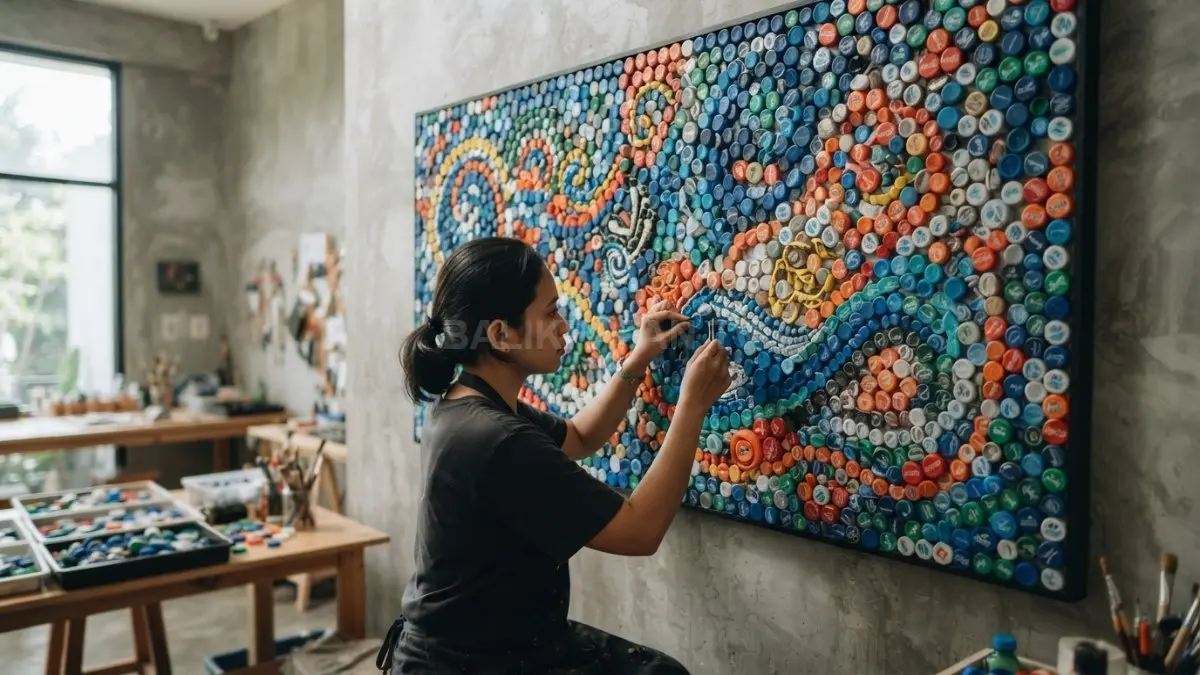 Tutup botol bekas disusun menjadi mozaik geometris unik untuk mempercantik dekorasi dinding rumah bernilai seni. (BTV/AI)