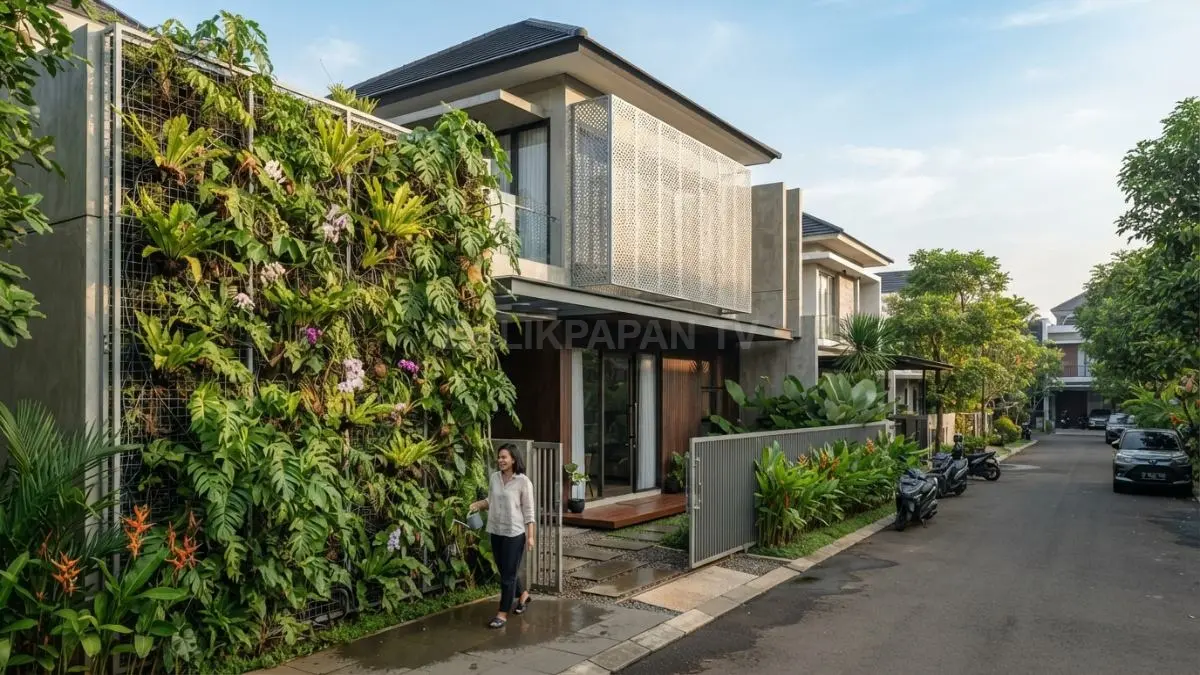 Veil House dengan vertical garden menghadirkan fasad hijau alami yang sejuk, modern, dan ramah lingkungan. (BTV/AI)