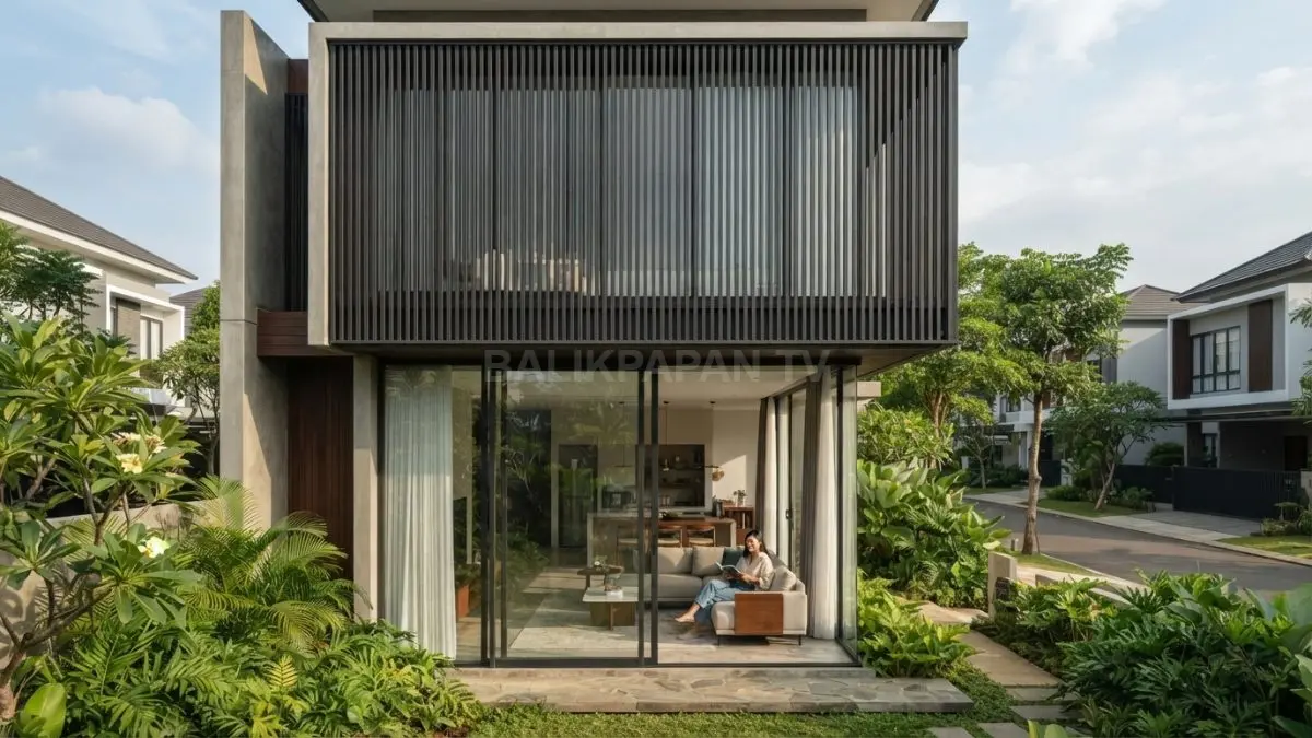 Veil House modern memadukan kaca lebar dan secondary skin untuk cahaya alami serta privasi. (BTV/AI)